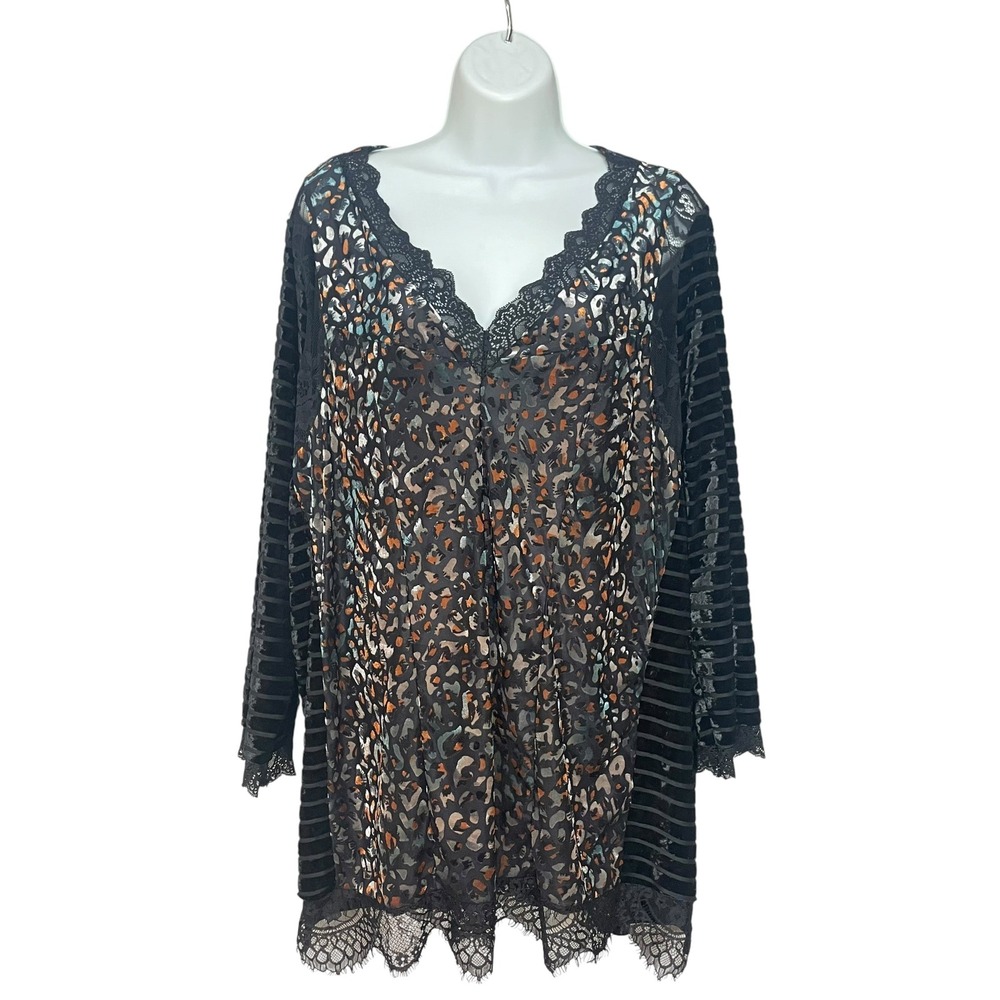 The‎ Pyramid Collection Velvet Top Leopard Print Animal Lace Black Women Size 1X